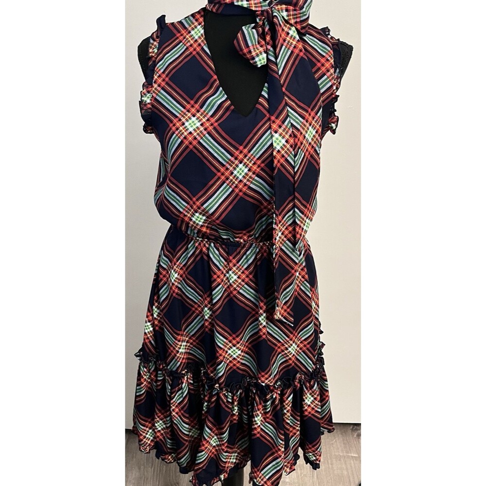 New York & Company Plaid Sleeveless Dress Sz  XS Navy‎ Red Green Ruffle Tiered